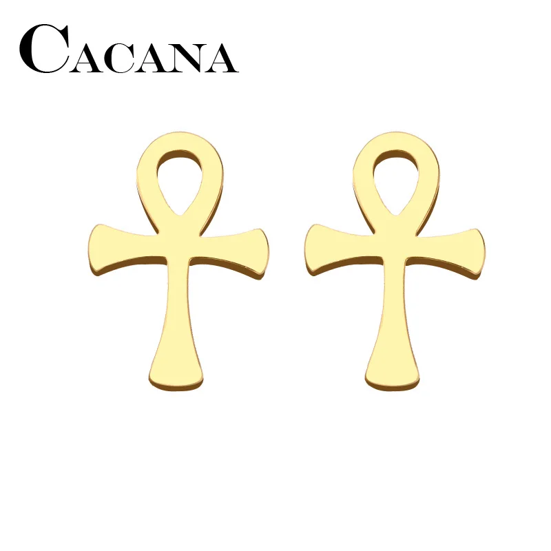 

CACANA Stainless Steel Stud Earring For Women Man Round Hole Cross Gold And Silver Color Lover's Engagement Jewelry