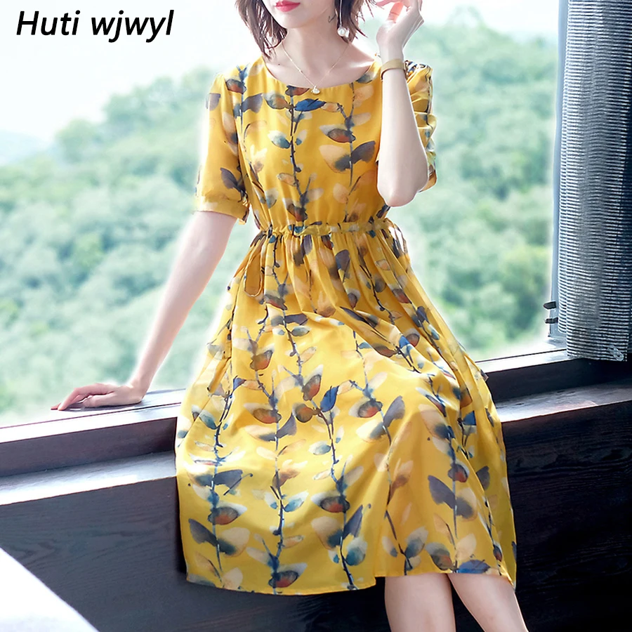 

2019 Vintage Yellow Floral Chiffon Boho Midi Dresses Summer Plus Size Print Beach Sundress Elegant Women Bodycon Party Vestidos