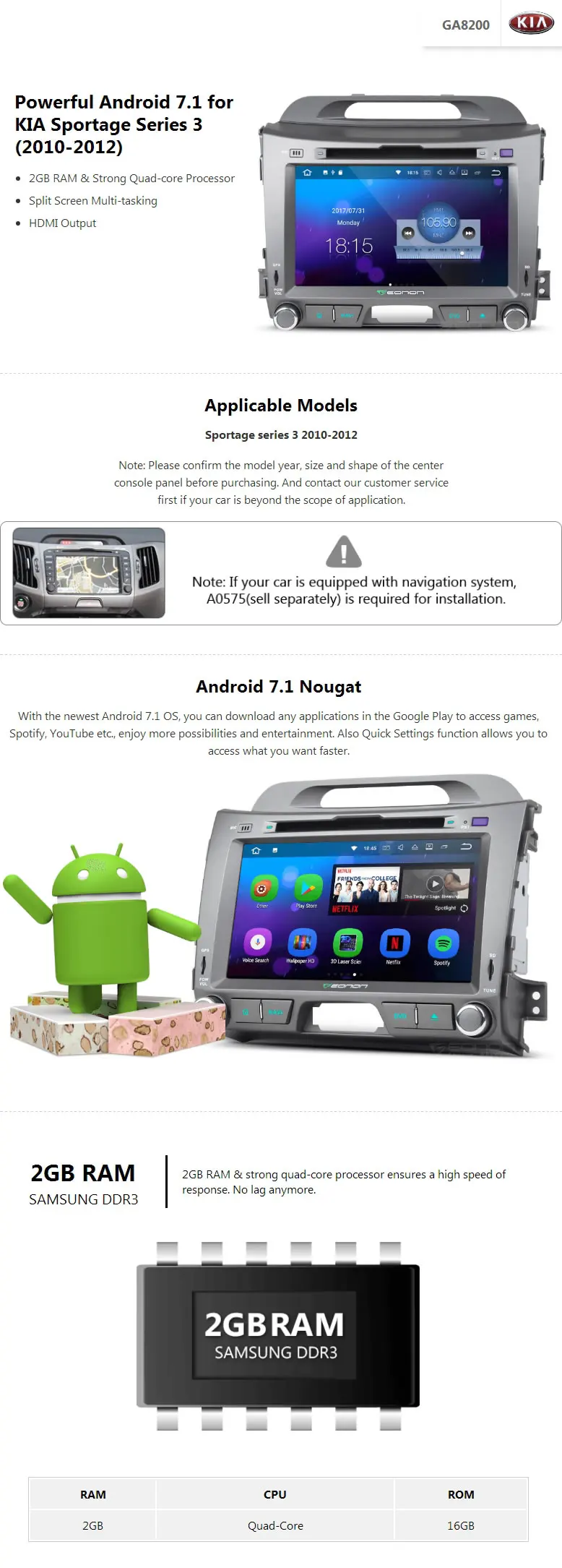 Sale 8" Quad Core Android 7.1 OS Car DVD for Kia Sportage III 2010-2012 with 2GB RAM 16GB ROM & Split Screen Multi-tasking Support 0