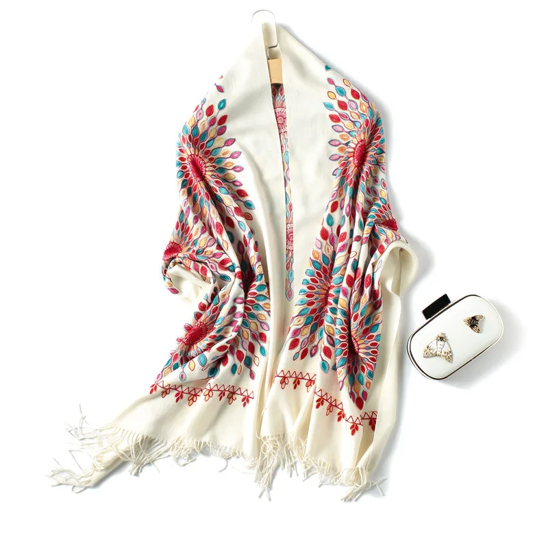 Зимний женский шарф, винтажные толстые теплые кашемировые шарфы с вышивкой, шали и палантины, Дамская бандана, echarpe - Цвет: white