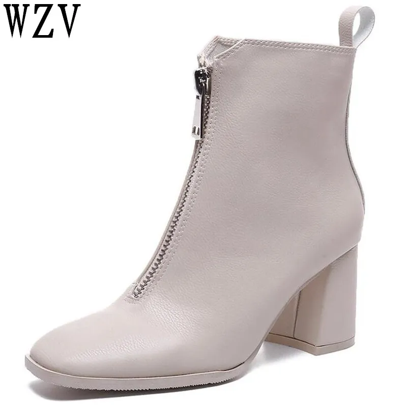 

NEW 2018 fashion Ankle Boots Winter Metal zipper Thick high heel boots Square Toe Women Boots Ladies Party ankle boots E296