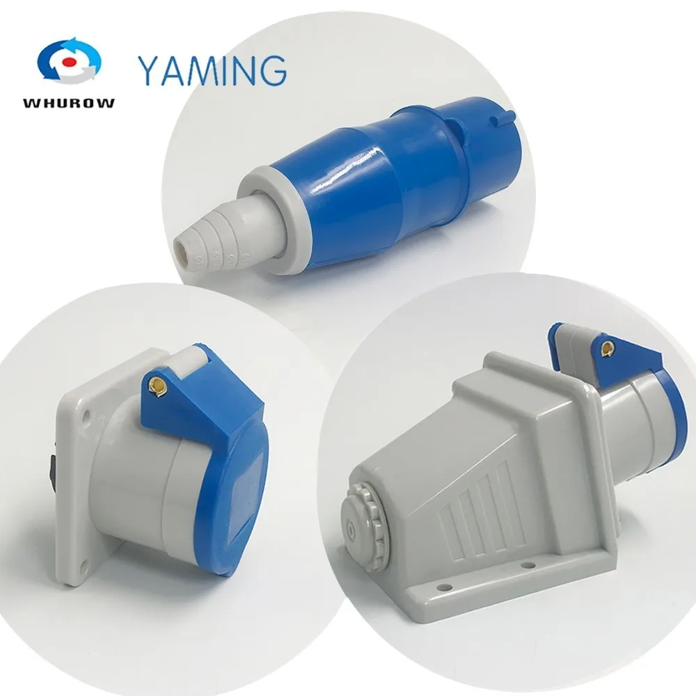 

Industrial plug and socket 16A 6 pins plastic panel connector IP44 cable protected male and female surface sloping mounted