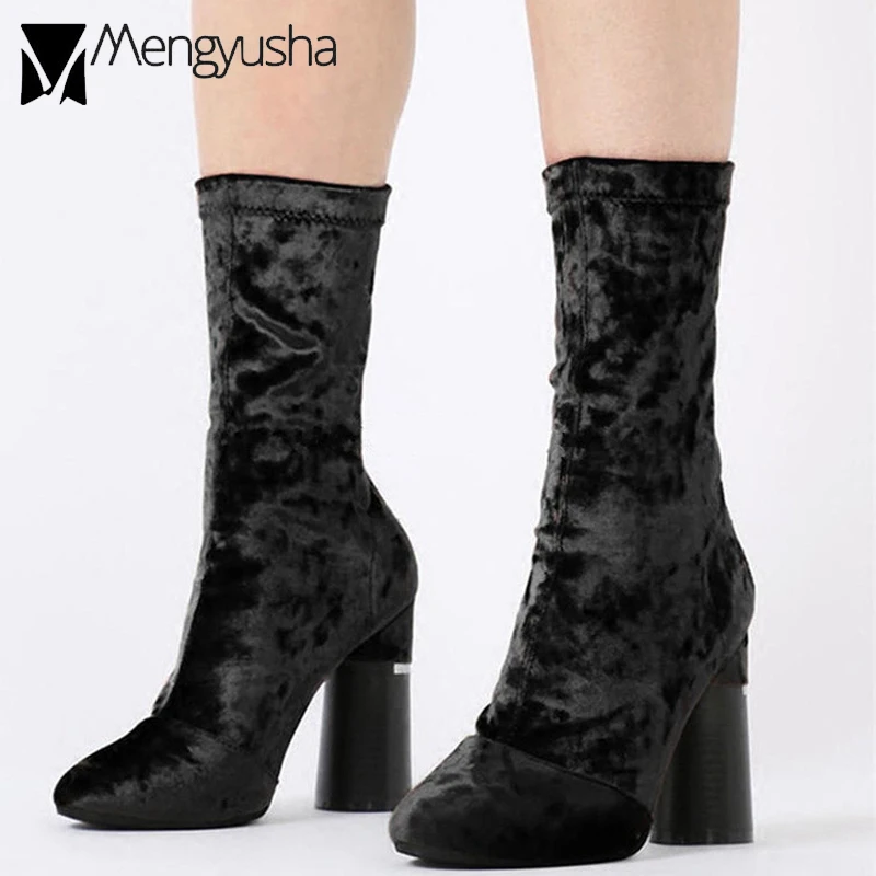Pointu Chaussons Velours Doux bleu Élastique Designer Cheville Hiver Bottes Haute De Mode Celebrity Nouveau Automne Femme Noir Botas Bout Chelsea O8wkPn0