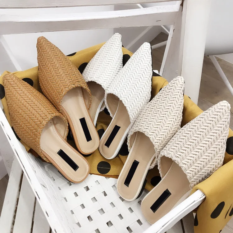 

Women's Slippers 2019 Shoes Cover Toe Heeled Mules Designer Slides New Luxury Flat Rubber Sliders Hoof Heels Rome Basic Fabric