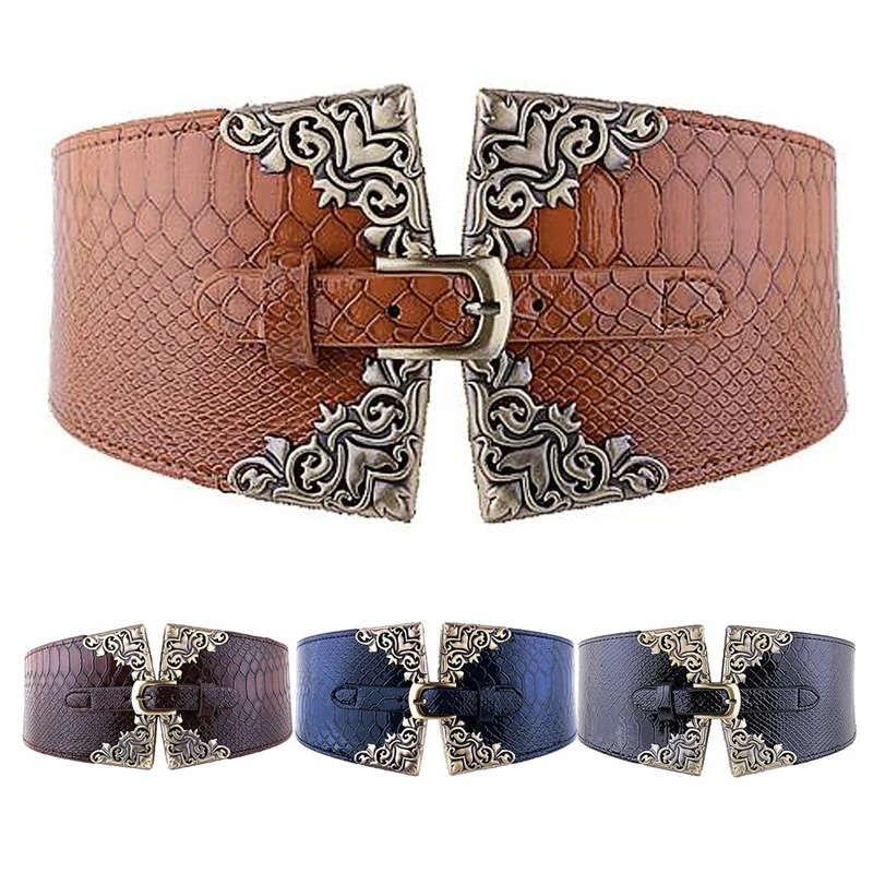 

Fashion Lady Women Elastic Waistband Wide Waist Belt Retro Metal Buckle Leather
