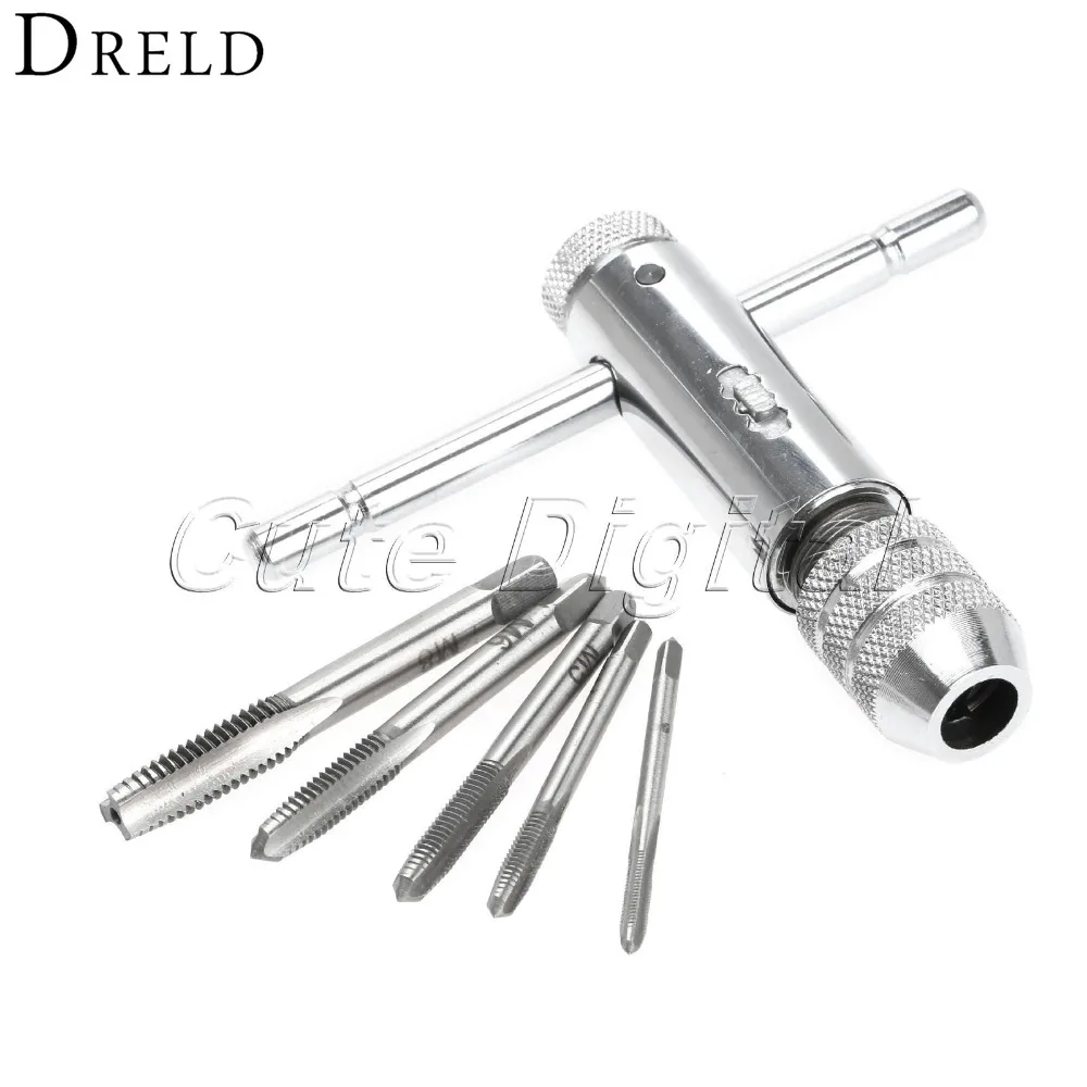 M3 M8 T Handle Ratchet Tap Wrench Machinist Tool + 5pcs Screw Tap Hand