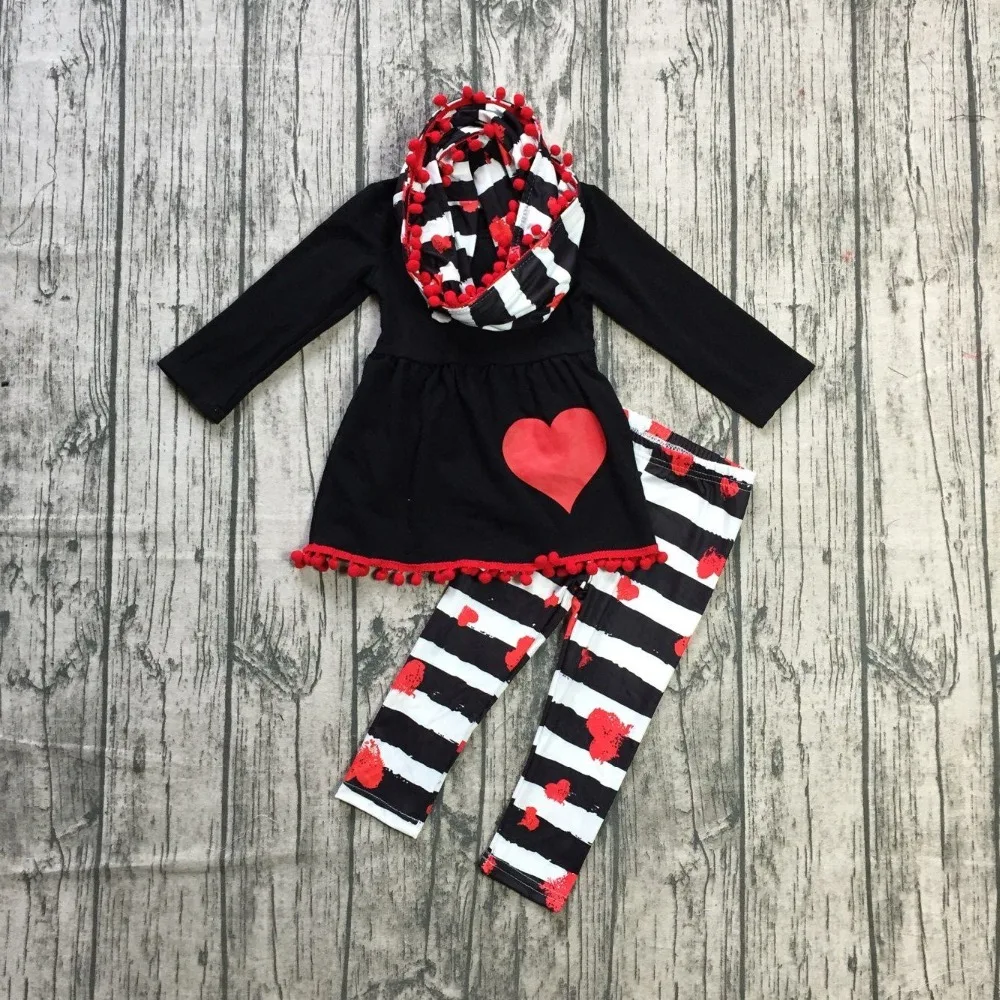 

Valentine's day baby girls clothes spring outfits cotton boutique ruffle black top love heart stripe top pom-pom 3 pieces scarf