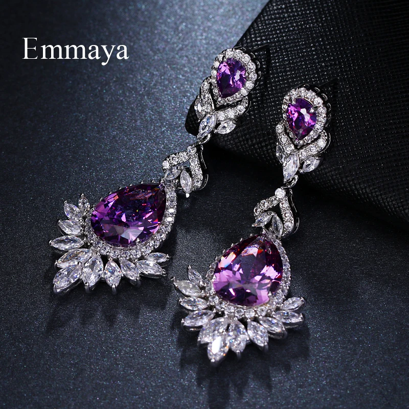 Emmaya бренд Щепка Цвет капли воды форма лиловые кристаллы циркония кулон серьги гвоздики для женщин Свадебные украшения