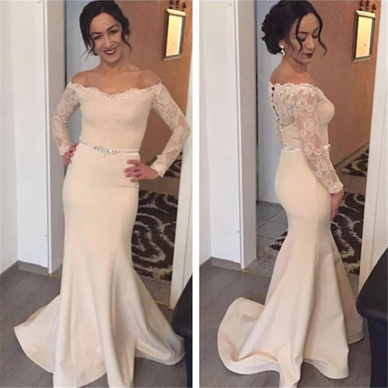 

2019 Long Sleeve Wedding Guest Dresses Boat Neck Robe Demoiselle Lace Maid of Honer Wedding Party Gown Bridesmaid Dress