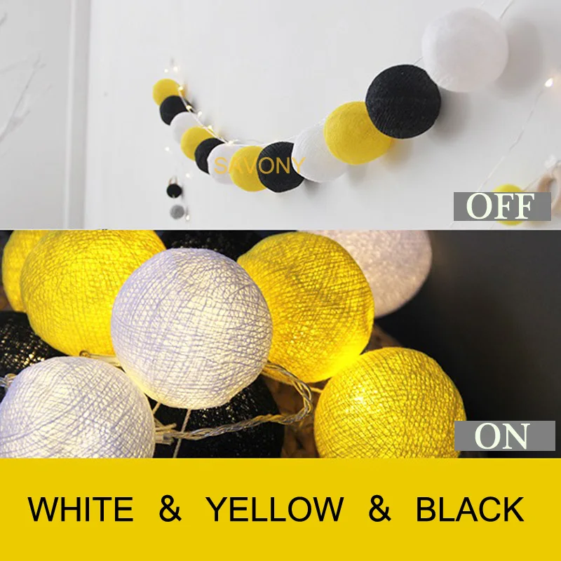 

4m White&Yellow&Black cotton ball string lights for patio wedding party pchristmas tree decoration AC110V/220V battery powered