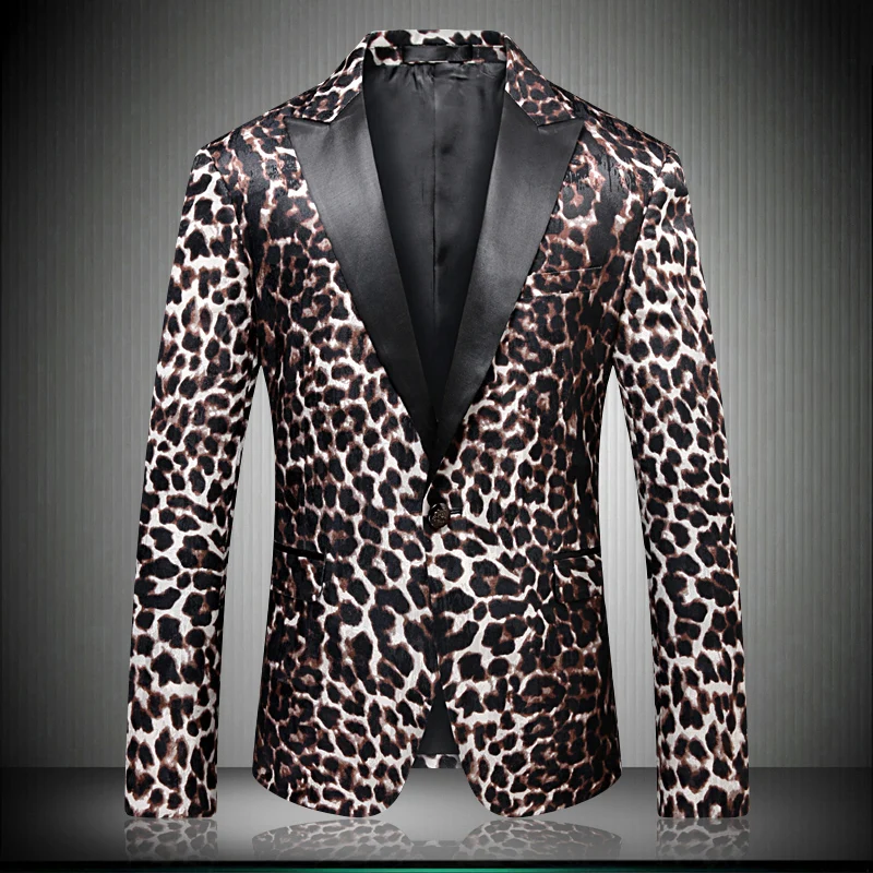

2019 New One Button Blazer Men Leopard Print Wedding Jacket Slim Fit Party Costumes Stage For Singer Mens Blazers Designs 9007