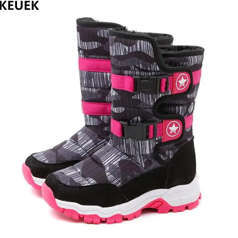 

2018 New Children Boots Boys Girls Genuine Leather Mid-Calf High Boots Kids Snow Boots Winter Warm Shoes Baby Thick Plush 03