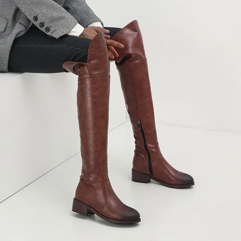 Plus Size Over Knee Thigh High Boots Women Autumn Sexy Thin High Heels Platform Women Shoes Square Heel Loose Boots MAZIAO