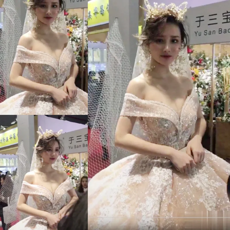

SSYfashion Boat Neck Off The Shoulder Lace Up Back Floor Length Ball Gown Lace Wedding Dress Custom Lace Bridal Dress