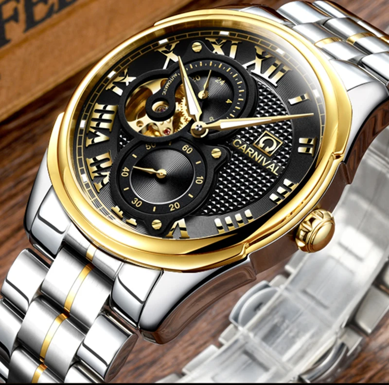 

Luxury Carnival watch men skeleton sapphire Gold stainless steel waterproof Automatic machine black watch relogio masculine