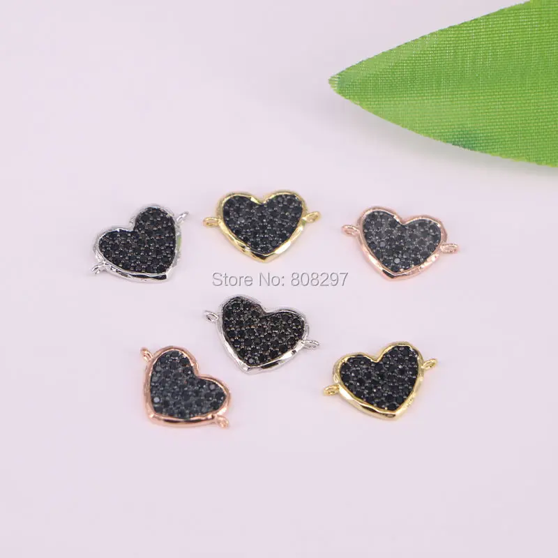

10Pcs 3 colors heart shape micro pave black cubic zirconia crystal connector Bead jewelry making