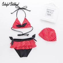 Купальники для маленьких девочек 3 шт. шляпа+ топ+ Шорты бикини в белый горошек с бантом милые детские Купальники Hot Spring костюмы
