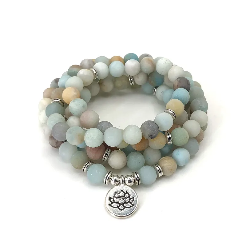 Fashion Women bracelet Matte Frosted Amazonite beads with Lotus OM Buddha Charm Yoga Bracelet 108 mala necklace dropshipping