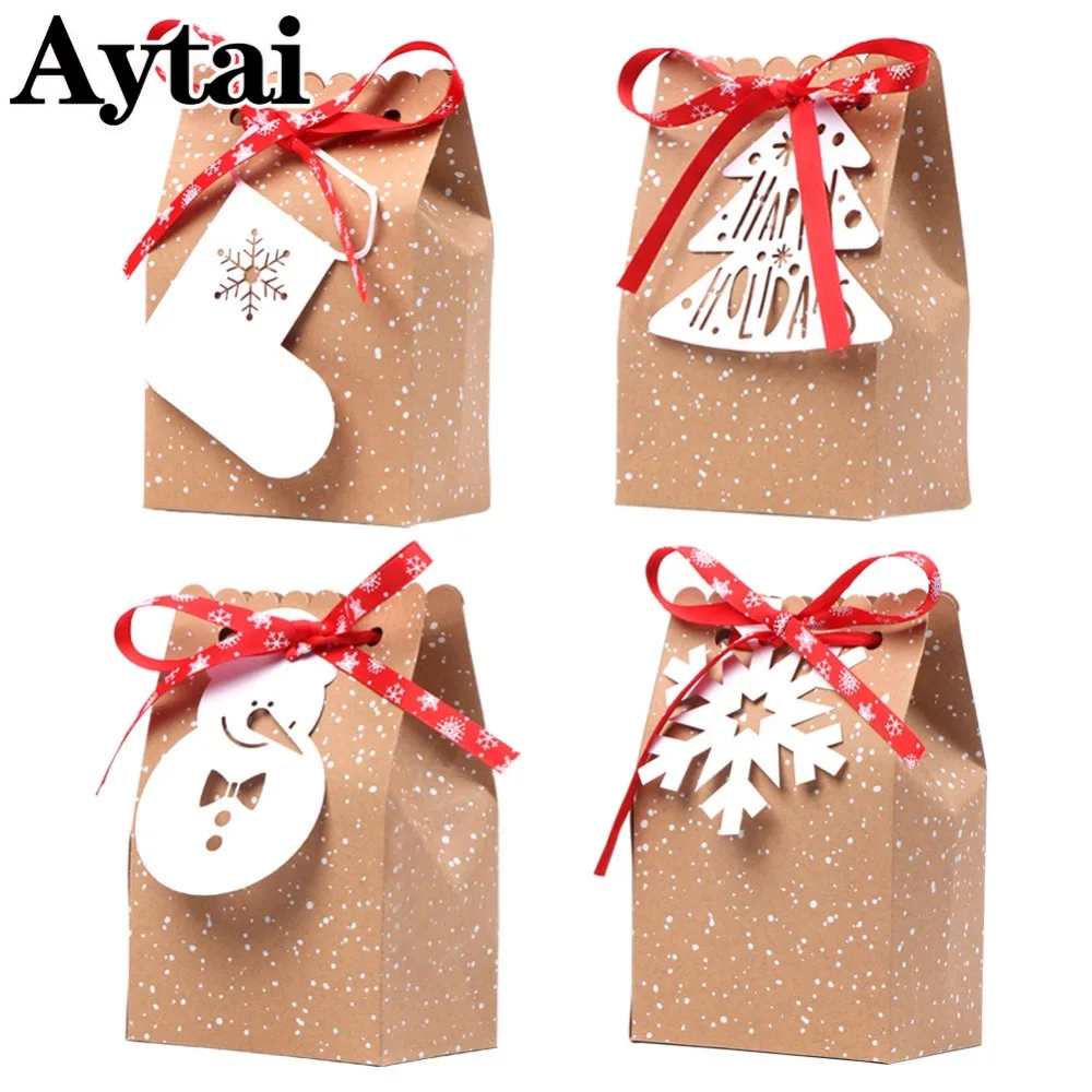 Aytai 4Pcs/Set Retro Christmas Kraft Paper Gift Bags With White Tags