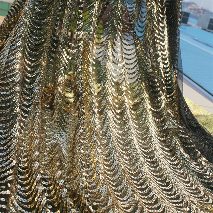 

Sequined embroidery lace fabric 5mm paillette sequin fabric gold soft netting background 51" for high end evening dresses