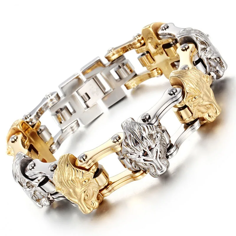 

Gold and silver Men 's Stainless Steel Bracelet Men' s Lion 's Head Bracelet Alternative Bicycle Bracelet