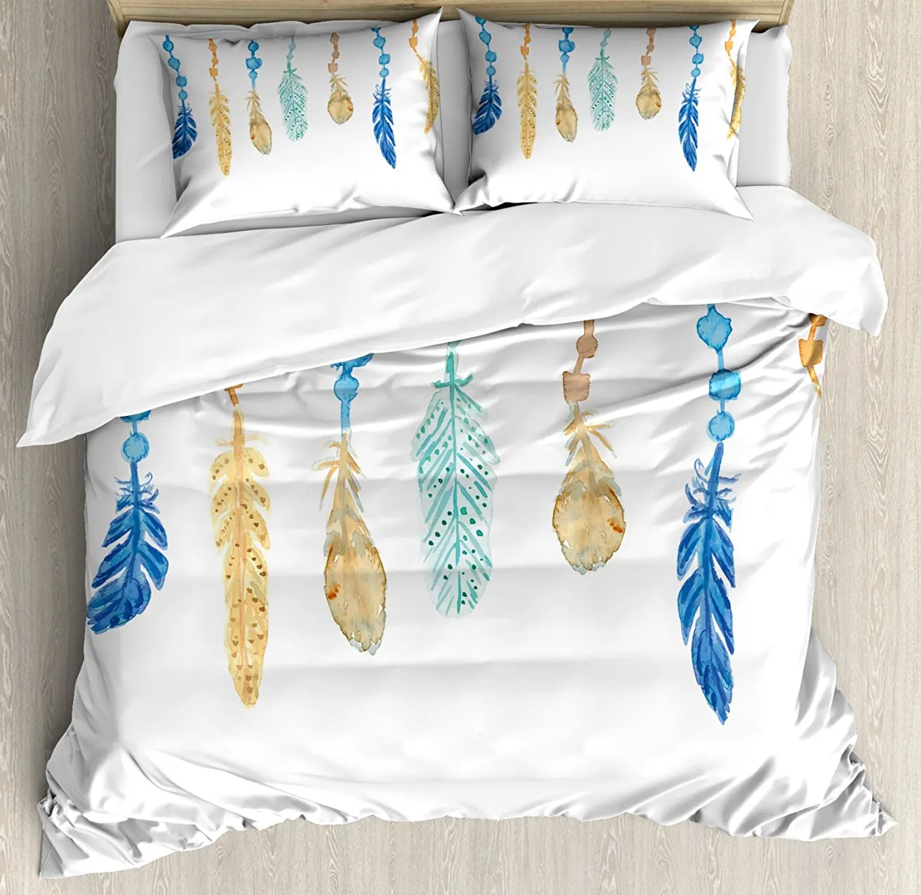 

Feather Duvet Cover Set Ethnic Multicolored Bird Feathers with Ornamental Tribal Elements 4 Piece Bedding Set