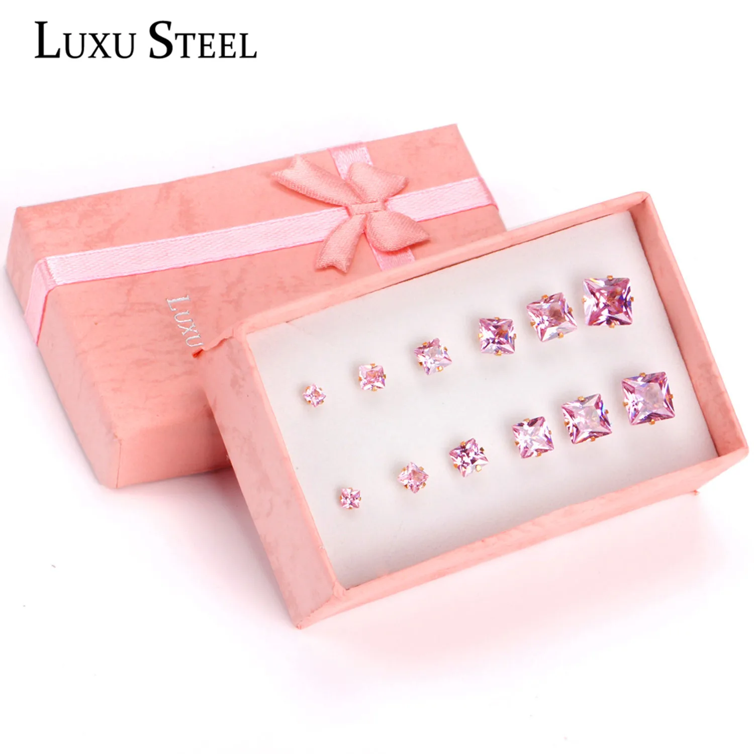 LUXUSTEEL New Brand Jewelry AAA Pink Crystal Stud Earring Gold Color