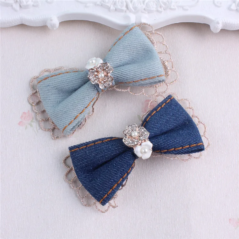 

New arrival fashion young women lovely cute denim bow with Rhinestone Hair Pin Princess Style girl's Hairpins
