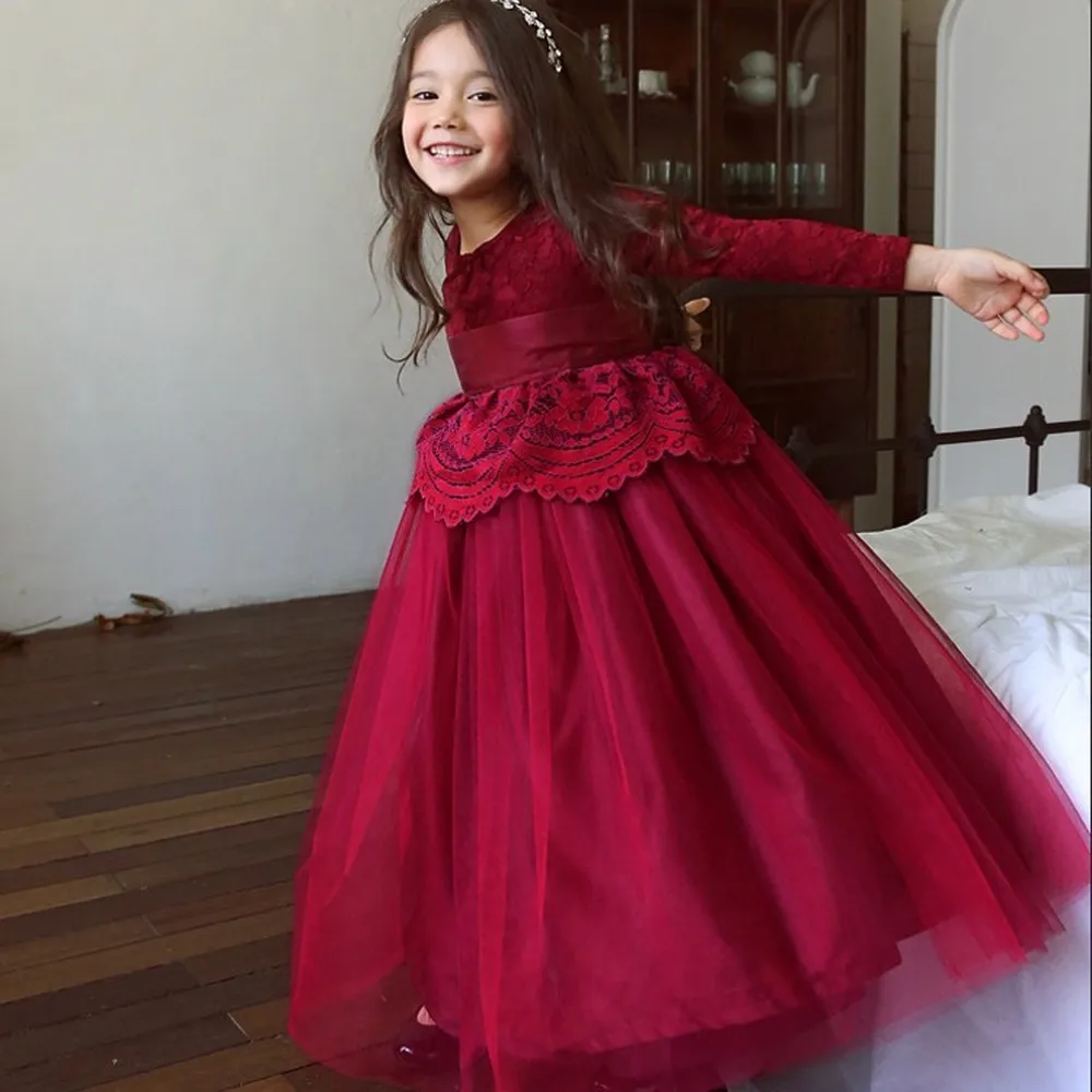 

High Quality Girls Lace Dress Long Sleeve Children Dress with Belt 2-13Y Ball Grown Girls Party Princess Baby Girl Dresses CA496