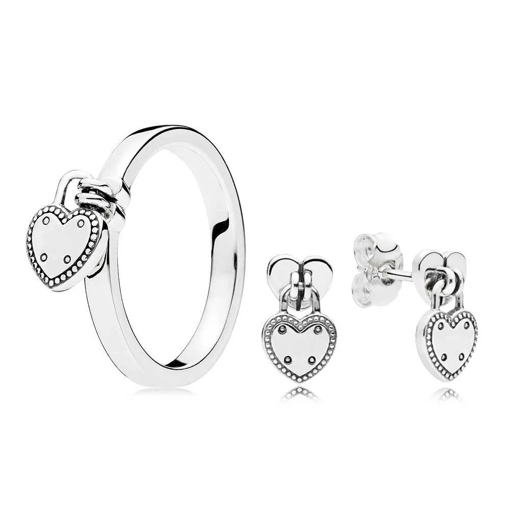 

NEW 2018 100% 925 Sterling Silver Love Lock Valentine's Day The New Ring Set Charms Rings Fit DIY Original Jewelry A Set