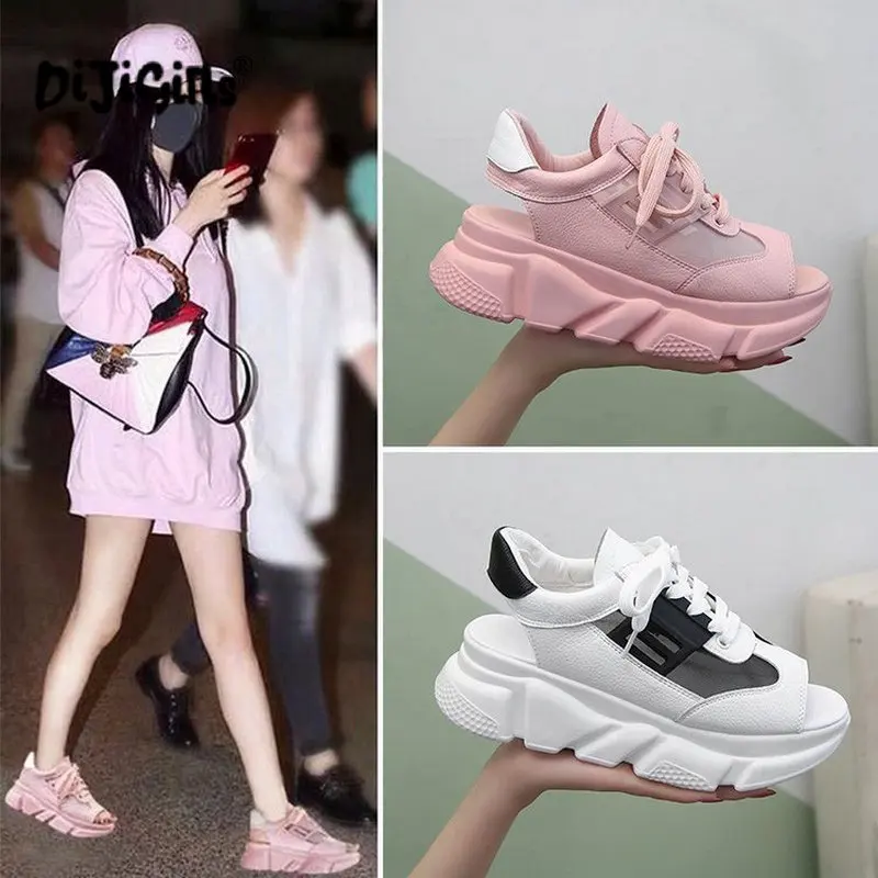 

Women's Sandals Summer Muffin Thick Bottom Fish Mouth Sports Sandals With Breathable Mesh Pu Leather Casual Shoes Drop Shipping