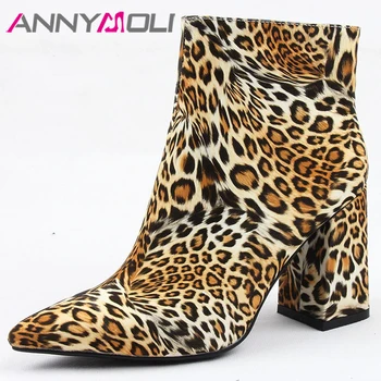 

ANNYMOLI Autumn Ankle Boots Women Shoes Leopard Thick Heels Short Boots Zipper Super High Heels Shoes Female 2019 Big Size 35-43