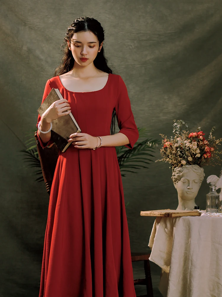 Линетт's chinoiseroy весна осень дизайн женские элегантные винтажные тонкие красные Лоскутные Платья с высокой талией