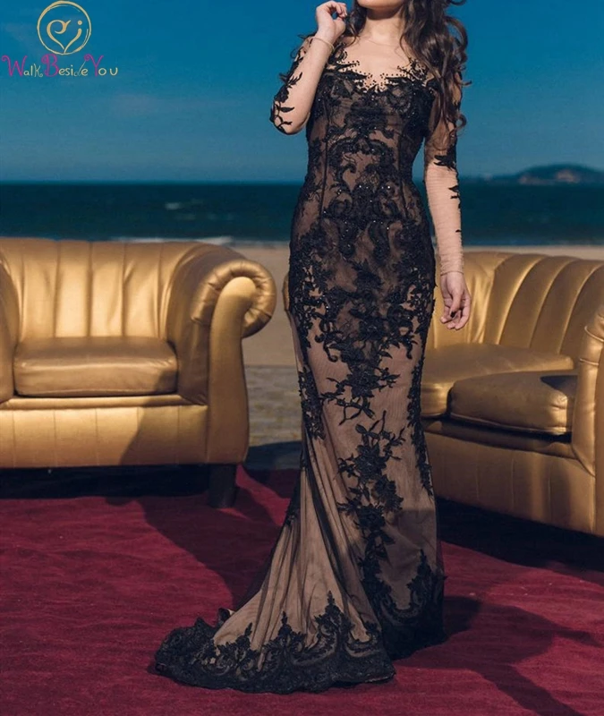 

Black Mother of the Bride Dress Sweep Train Mermaid Tulle With Appliques Full Sleeves O-neck Sequined Body Vintage Gorgeous Gown