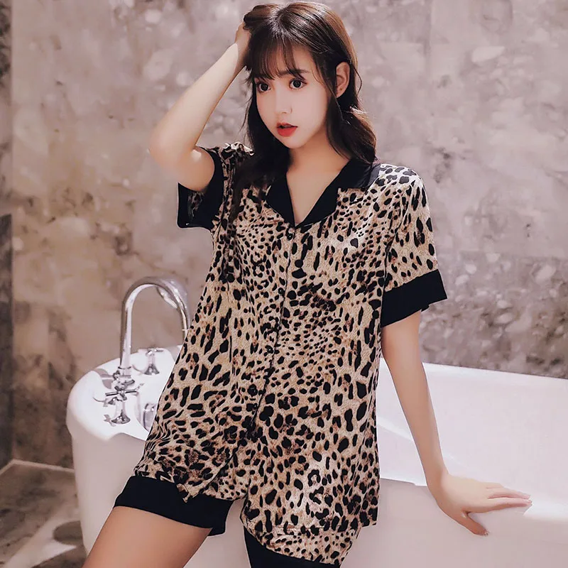 

Summer New Ladies Pajamas Set Sexy Leopard Printed V- Neck Short Sleeve+Shorts 2Pcs Homewear Women Comfort Soft Sleepwear Set