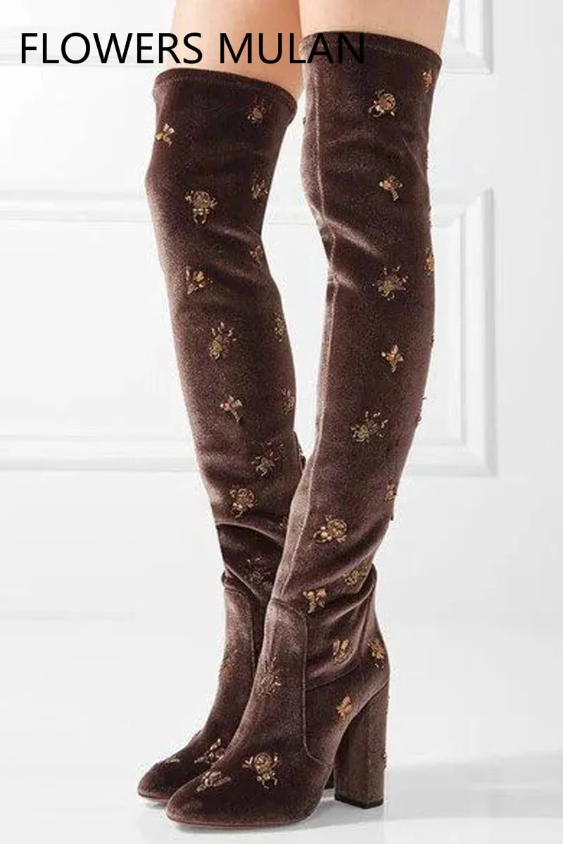 New Women Floral Rhinestone Embroidery Stretch Velvet Slim Leg Thigh High Boots Ladies Chunky High Heels Fall Crystal Long Botas