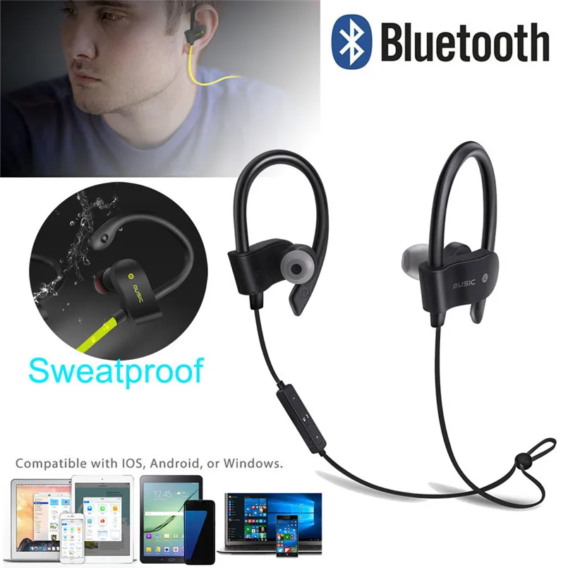 

Sweatproof Wireless Bluetooth 4.1 Headphones Earphones Headset With Mic For TelPhone winsopee
