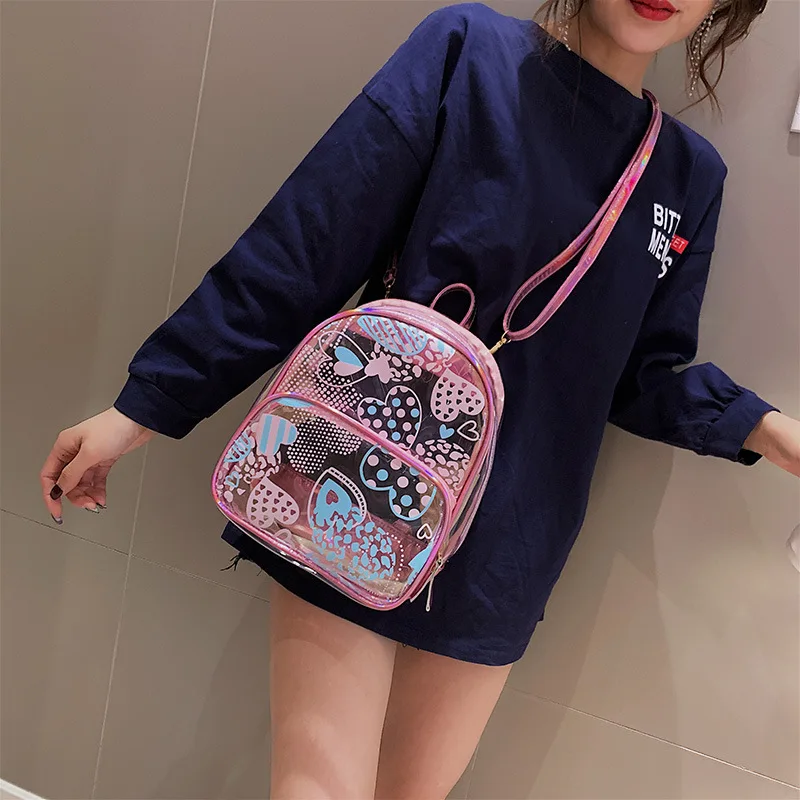 Harajuku 2019 милый прозрачный розовый принт с сердцем Модный женский рюкзак Летняя