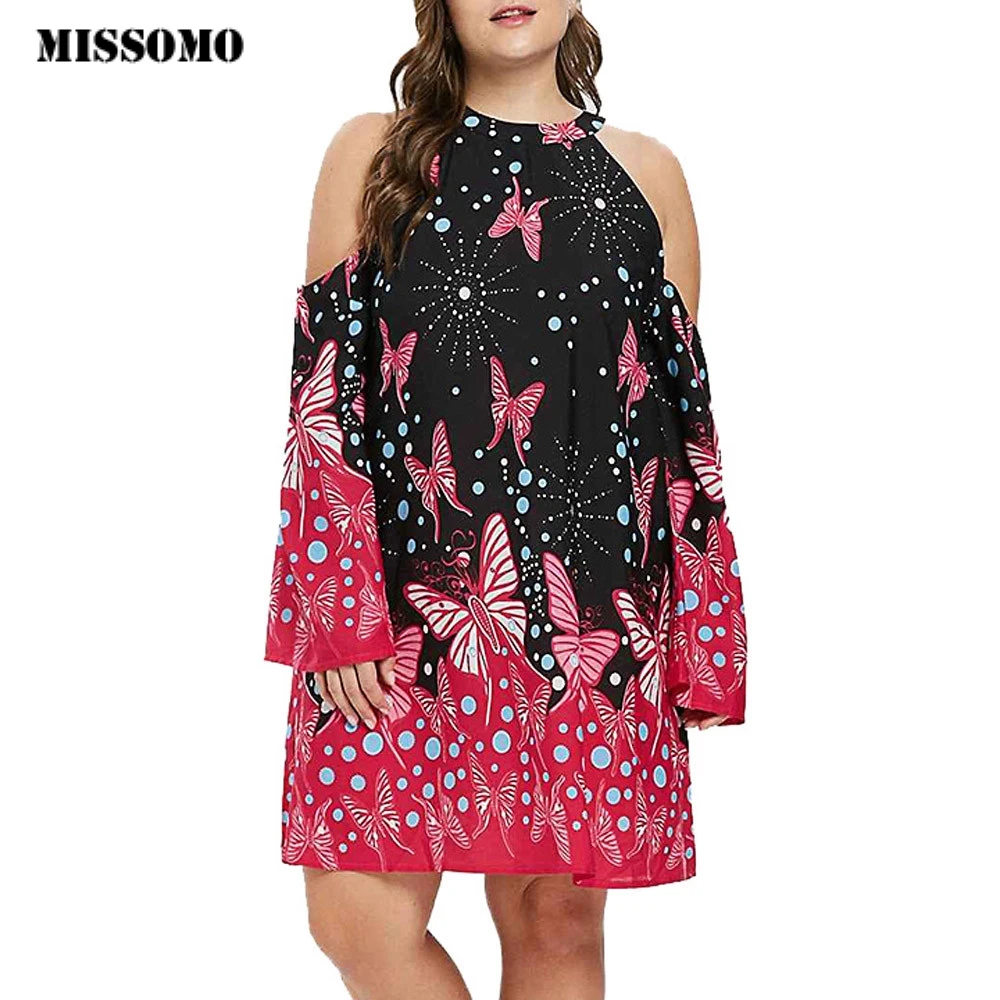 

MISSOMO Dress Women Plus Size Cold Shoulder Butterflies Printed Mini Long Sleeve Robe femme summer dress women clothes 2019 617