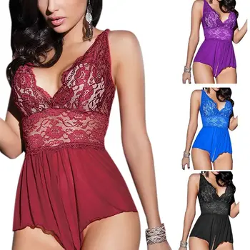 

Womens Plus Size Cross Spaghetti Bodysuit Sheer Floral Lace Crotchless