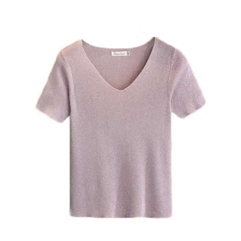 

Woman Spring V-neck Short Sleeve Solid Thin Sweaters Female Summer Hedging Stretch Breathable Tops Lady Tees Women Sweater