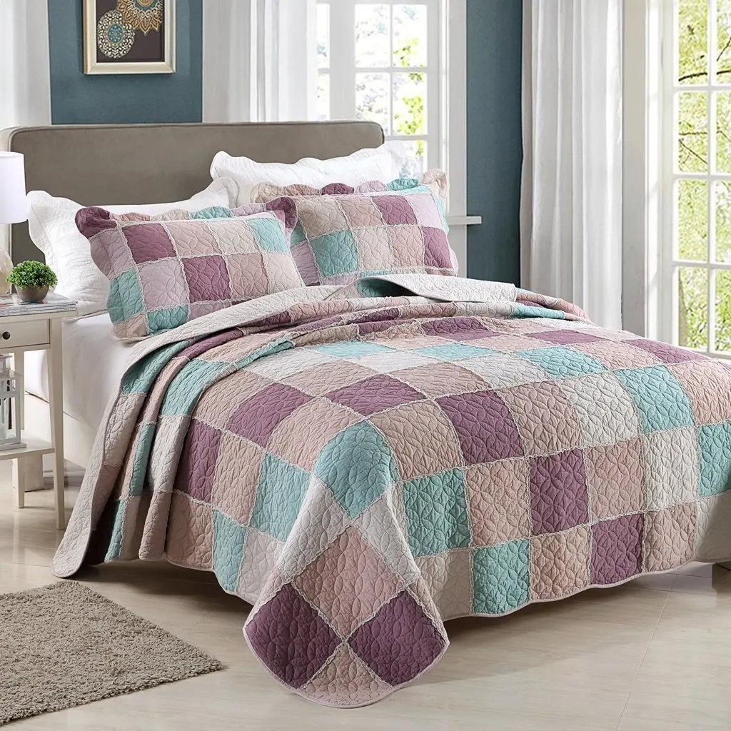 WINLIFE 3Pcs 100% Cotton Plaid Patchwork Quilt Boys and Girls Summer Quilt Plaid Quilt Set 100% Cotton Bedspreads/ Coverlets