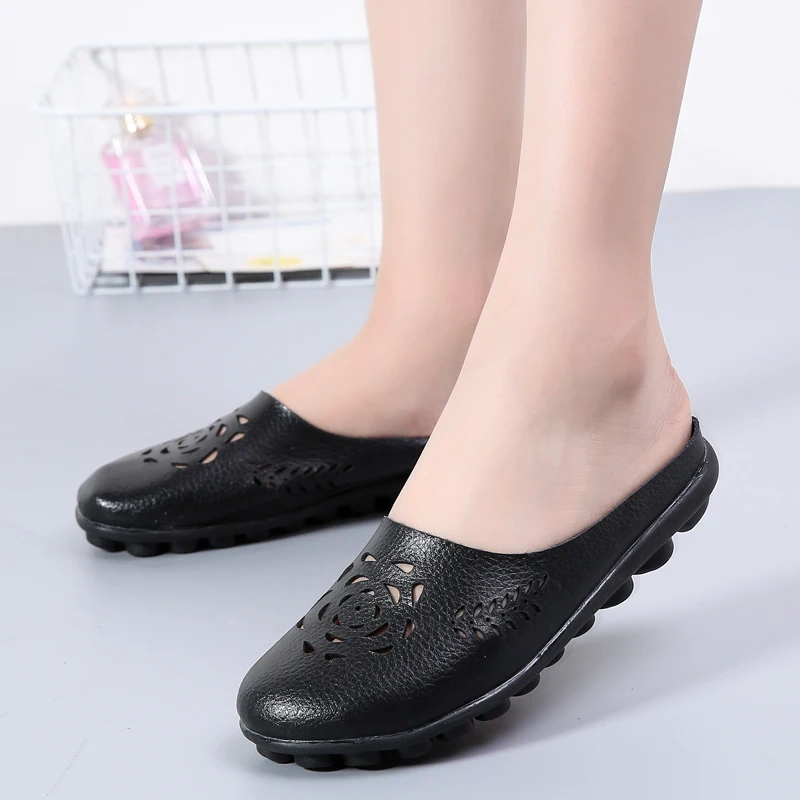 Casual Summer Shoes Woman Genuine Leather Flats Women Hollow Women's Loafers Female Solid Shoe Large Size 35-44 n794