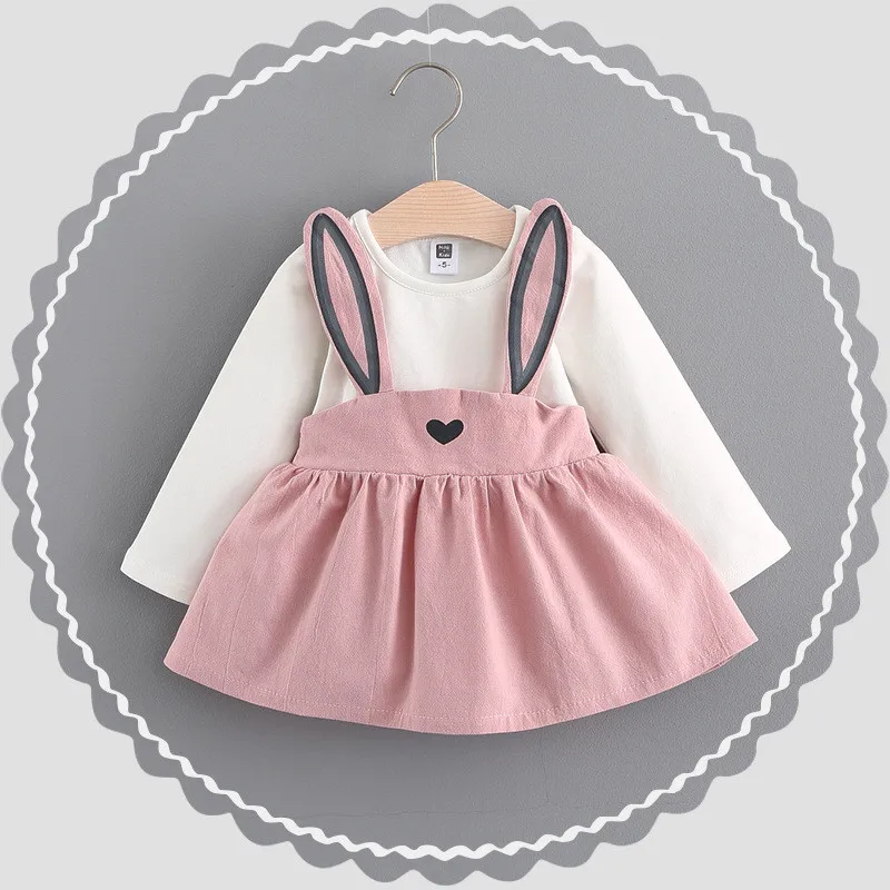 Хлопковая одежда для детей 0-2 лет; сезон весна-осень; детская одежда с милым рисунком кролика; платье для маленьких девочек; платье принцессы - Цвет: Розовый