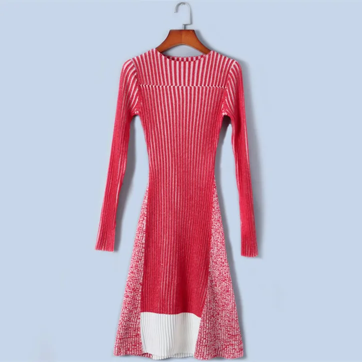 Tunjuefs дизайнерское тонкое элегантное платье с рукавами и разрезом, подиумное платье, новое зимнее платье в рубчик, Женский пуловер в полоску, вязаное платье - Цвет: Red