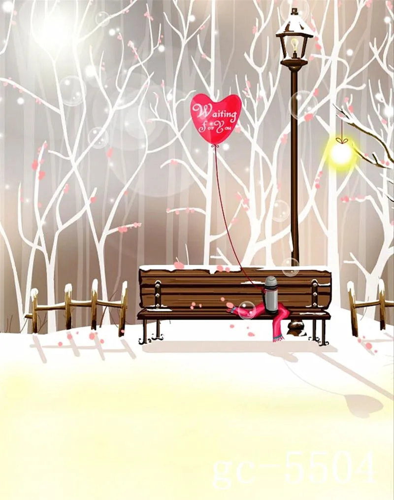White Snow Tree With Red Heart Wedding Photography Background Backdrops Wood Chair Under The Street Lamp