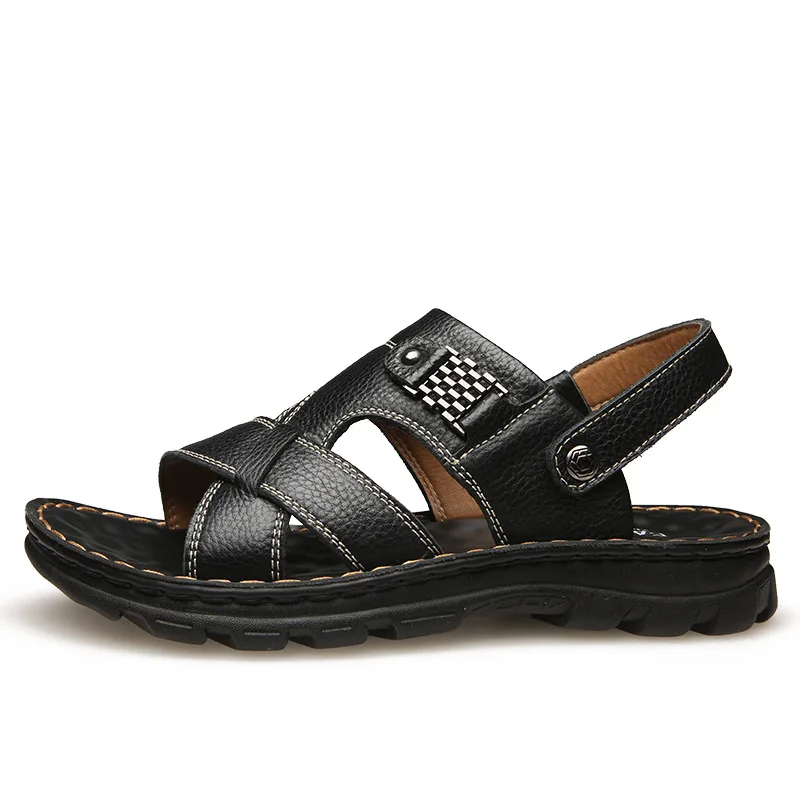 Мужские летние сандалии; брендовые кожаные пляжные сандалии для мужчин и взрослых; повседневная мужская обувь без шнуровки; удобная Уличная обувь черного цвета; большие размеры - Color: Black