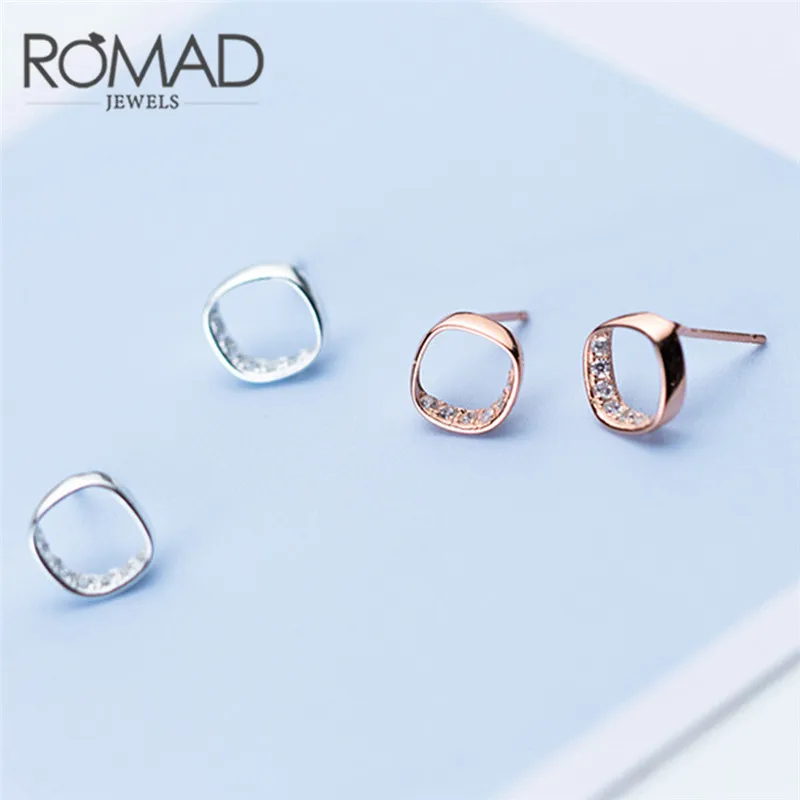 ROMAD геометрический пустотелые серьги гвоздики Настоящее серебро 925 пробы 925 серьги для Для женщин розово-золотые серьги Модные украшения девушке подарок R4