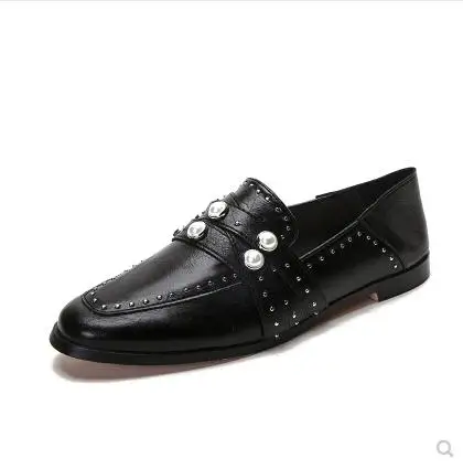 

2019famous designer pearl decoration moccasins shoes woman cross leather band flats women rivets mules square toe pearl loafers