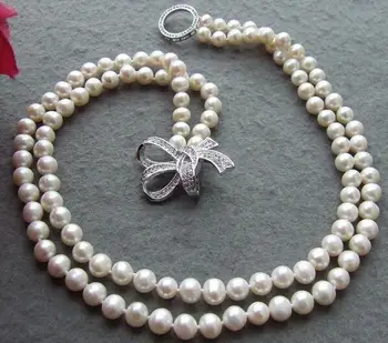 

Charming 2Row 9-10mm natural White freshwater Pearl Necklace